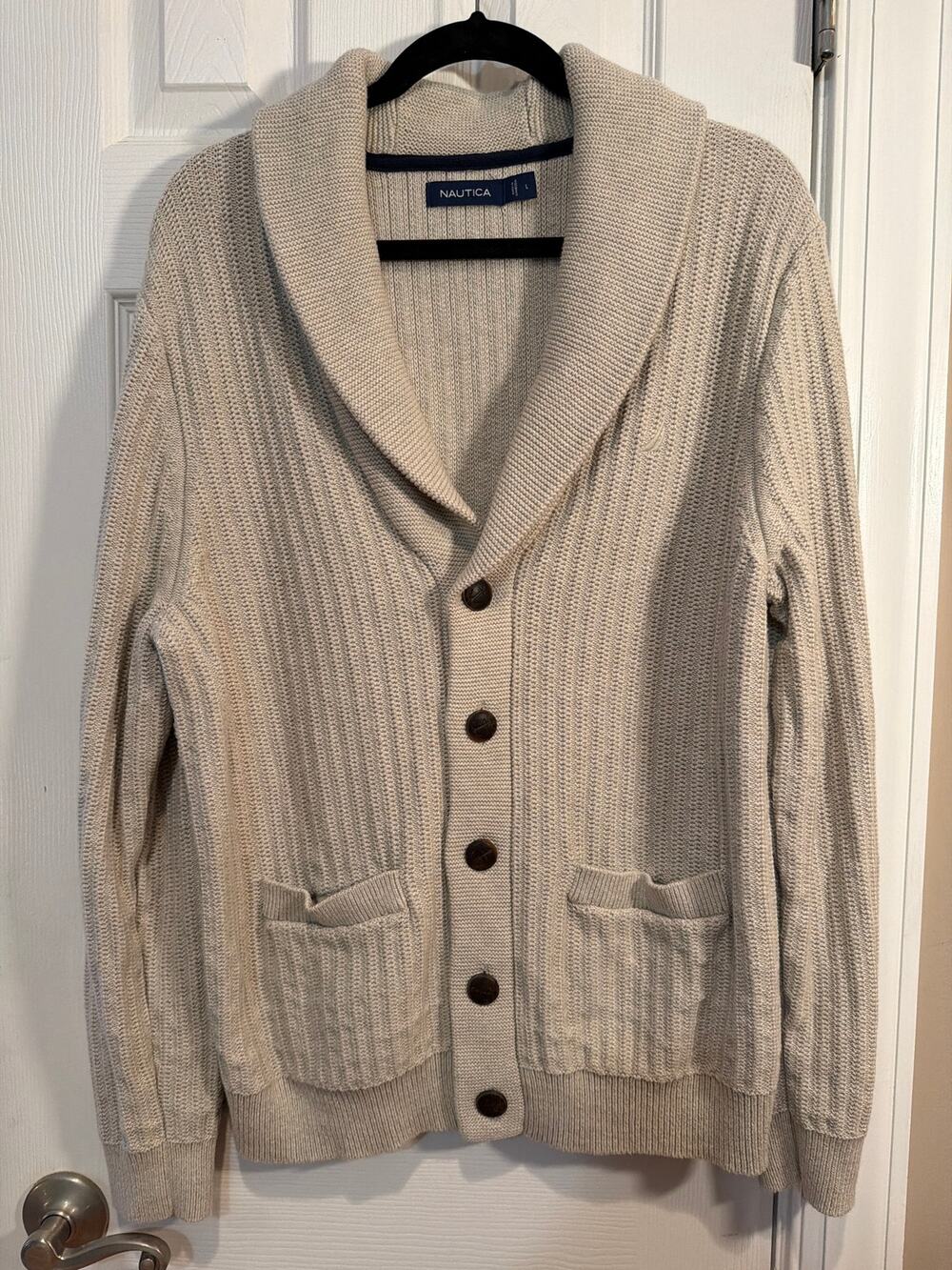 Nautical Men's L shawl collar chunky knit cardigan beige Grandpa sweater